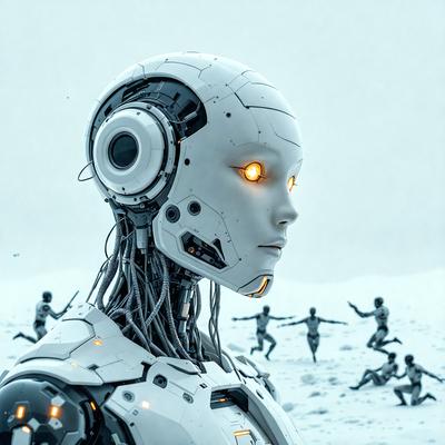 The primary subject of the image is a robot with a human-like face, which appears to be a futuristic or cyberpunk-inspired design. The robot is surrounded by a group of people, some of whom are lying on the ground, possibly asleep or in a state of distress. The setting is a snowy environment, which adds to the overall atmosphere of the image. The visual style of the image is a combination of digital art and illustration, creating a unique and intriguing scene. The colors